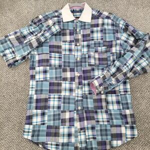 McKenzie Tribe Mens Patchwork Plaid Button Down Shirt Blue Purple Size M Cotton